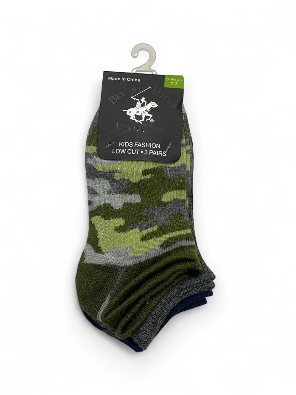One Size Fits Most Boys Socks Ankle Low Cut Blue Green Camo Beverly Hills Polo